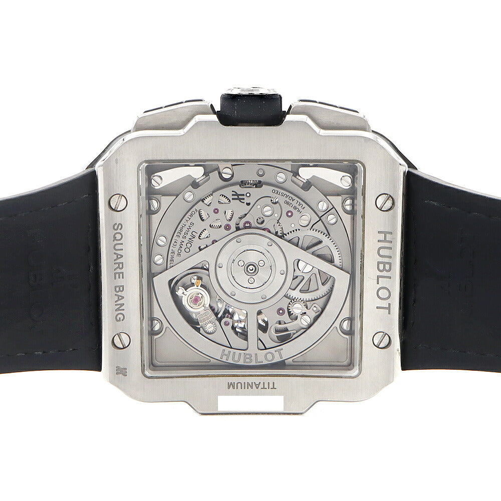 HUBLOT ウブロ スクエアバン ウニコ チタニウム クロノグラフ 821.NX.0170.RX デイト スモールセコンド シルバー スケルトン Ti チタン 純正ベルト 純正尾錠 メンズ 自動巻き【6ヶ月保証】【腕時計】【中古】