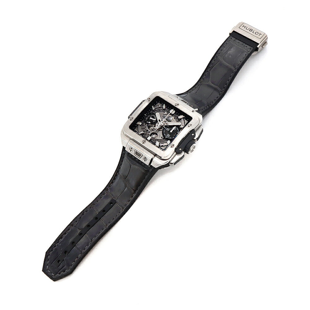 HUBLOT ウブロ スクエアバン ウニコ チタニウム クロノグラフ 821.NX.0170.RX デイト スモールセコンド シルバー スケルトン Ti チタン 純正ベルト 純正尾錠 メンズ 自動巻き【6ヶ月保証】【腕時計】【中古】