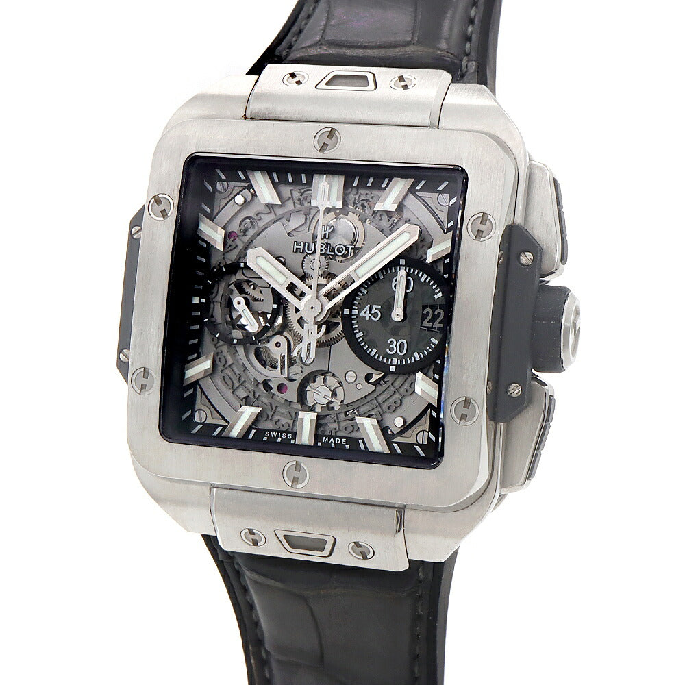 HUBLOT ウブロ スクエアバン ウニコ チタニウム クロノグラフ 821.NX.0170.RX デイト スモールセコンド シルバー スケルトン Ti チタン 純正ベルト 純正尾錠 メンズ 自動巻き【6ヶ月保証】【腕時計】【中古】