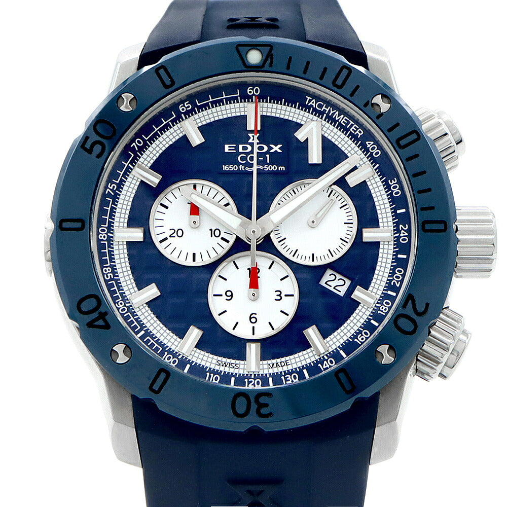 電池交換済 EDOX エドックス クロノオフショア1 10221-3BU9-BUIN9 クロノグラフ デイト 500m防水 青 ブルー SS ステンレス CE セラミック 純正ベルト 純正尾錠 メンズ クォーツ【6ヶ月保証】【腕時計】【中古】