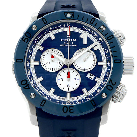 電池交換済 EDOX エドックス クロノオフショア1 10221-3BU9-BUIN9 クロノグラフ デイト 500m防水 青 ブルー SS ステンレス CE セラミック 純正ベルト 純正尾錠 メンズ クォーツ【6ヶ月保証】【腕時計】【中古】