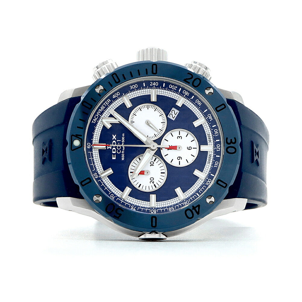 電池交換済 EDOX エドックス クロノオフショア1 10221-3BU9-BUIN9 クロノグラフ デイト 500m防水 青 ブルー SS ステンレス CE セラミック 純正ベルト 純正尾錠 メンズ クォーツ【6ヶ月保証】【腕時計】【中古】