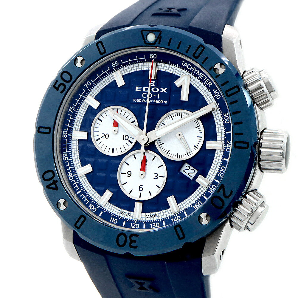 電池交換済 EDOX エドックス クロノオフショア1 10221-3BU9-BUIN9 クロノグラフ デイト 500m防水 青 ブルー SS ステンレス CE セラミック 純正ベルト 純正尾錠 メンズ クォーツ【6ヶ月保証】【腕時計】【中古】