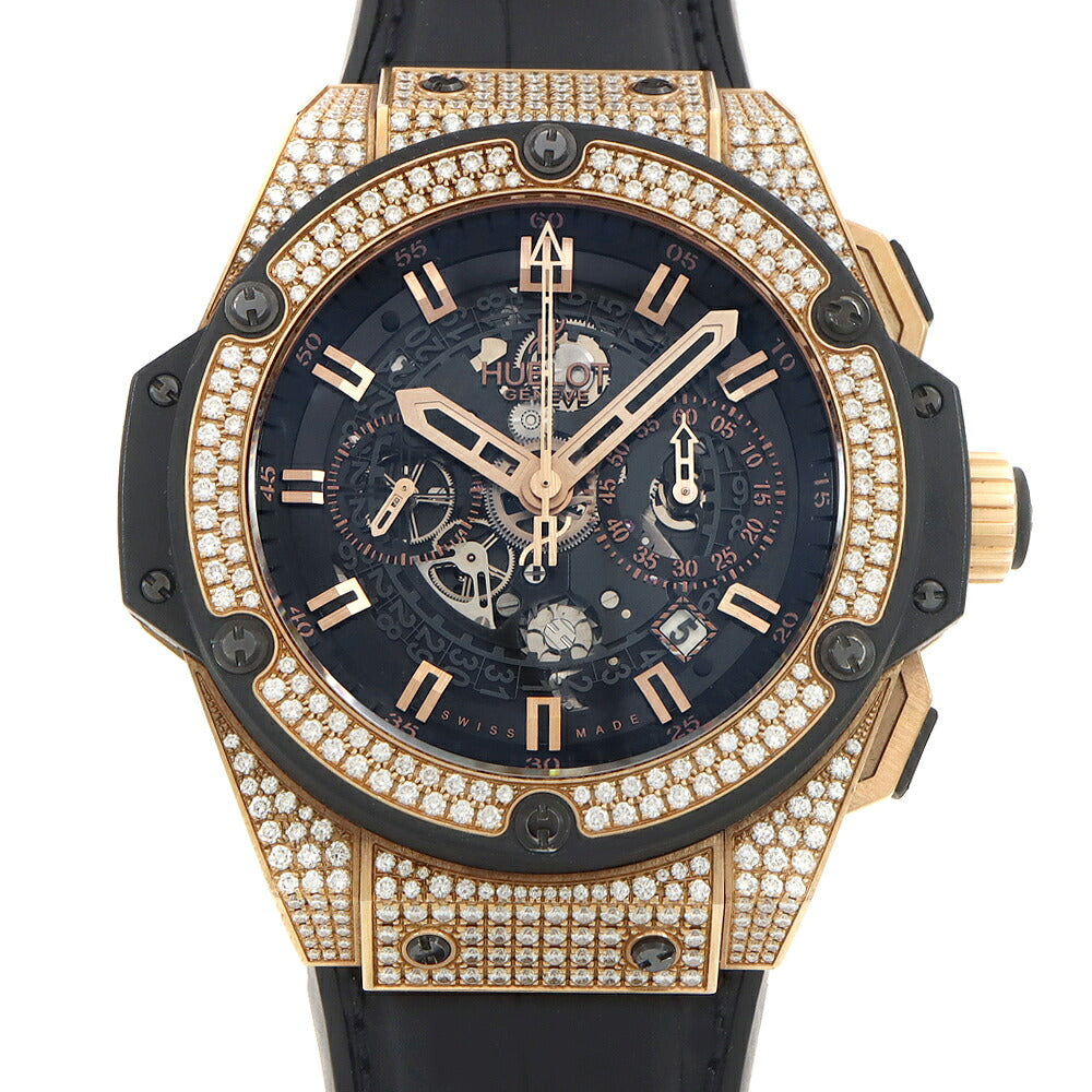 HUBLOT ウブロ キングパワー ウニコ キングゴールド パヴェ クロノグラフ 701.OX.0180.RX.1704 ダイヤモンド デイト 黒 ブラック スケルトン Ti チタン K18KG キングゴールド 純正ベルト 純正尾錠 メンズ 自動巻き【6ヶ月保証】【腕時計】【中古】