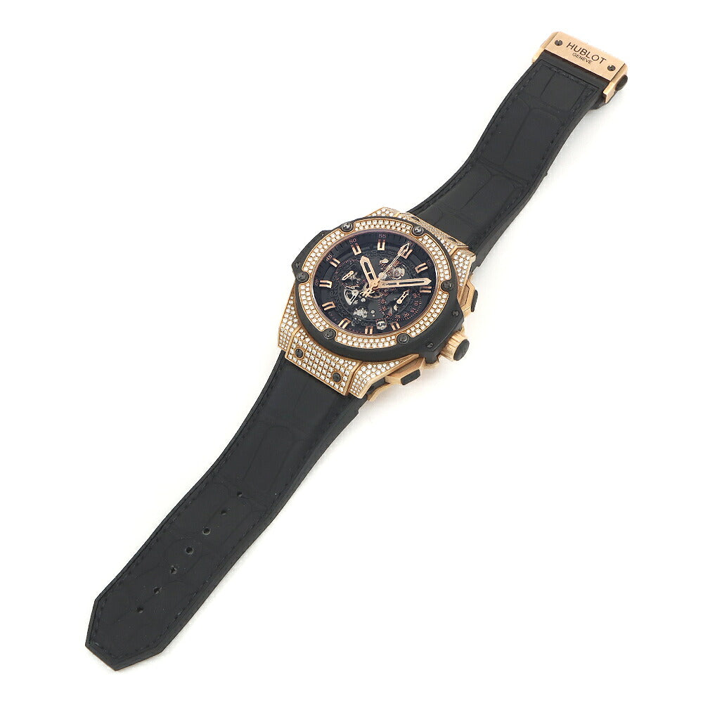 HUBLOT ウブロ キングパワー ウニコ キングゴールド パヴェ クロノグラフ 701.OX.0180.RX.1704 ダイヤモンド デイト 黒 ブラック スケルトン Ti チタン K18KG キングゴールド 純正ベルト 純正尾錠 メンズ 自動巻き【6ヶ月保証】【腕時計】【中古】