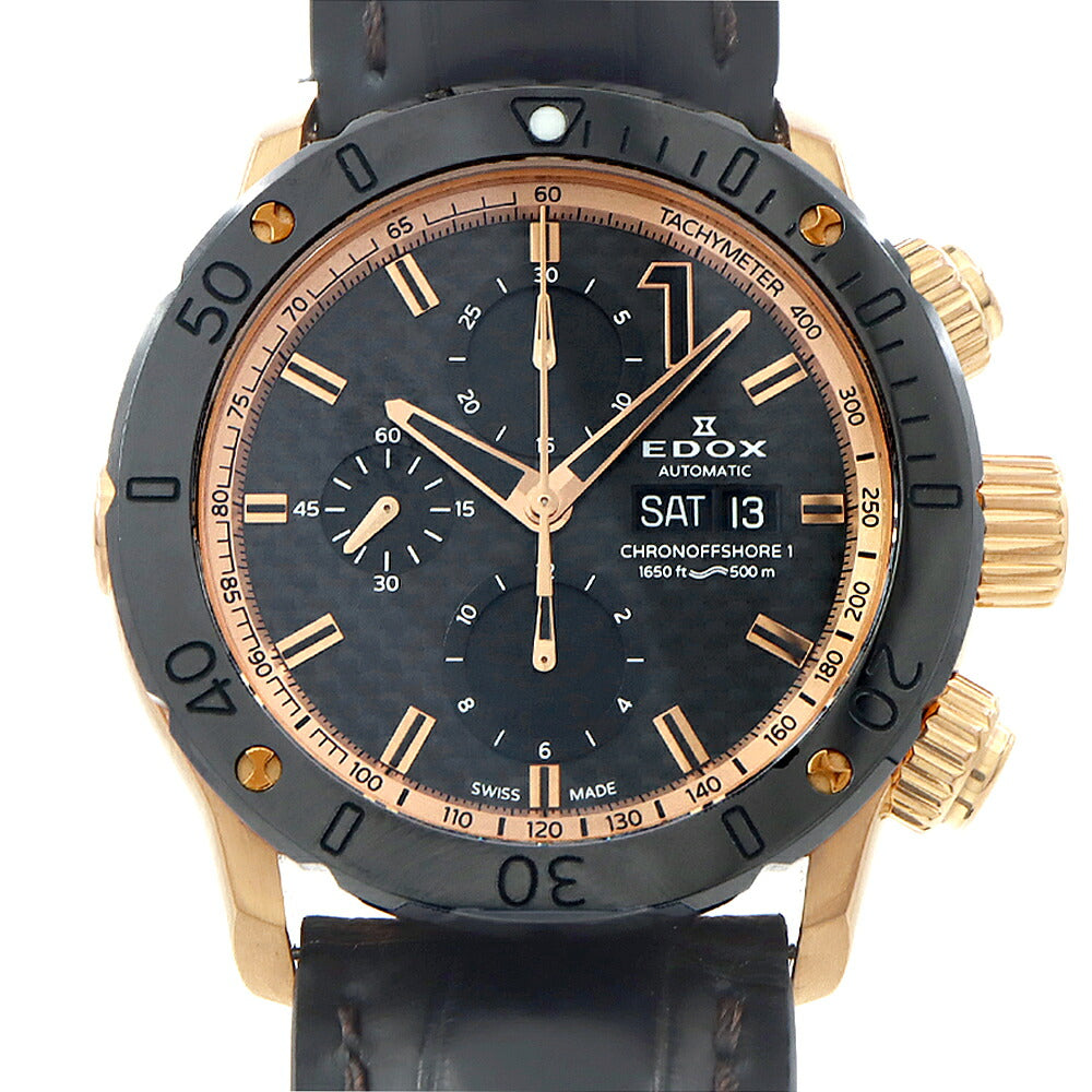 EDOX エドックス クロノオフショア1 クロノグラフ 01122 デイデイト 500m防水 スモールセコンド タキメーター 黒 ブラック カーボン SS ステンレス ゴールドPVD CE セラミック 純正尾錠 メンズ 自動巻き【6ヶ月保証】【腕時計】【中古】