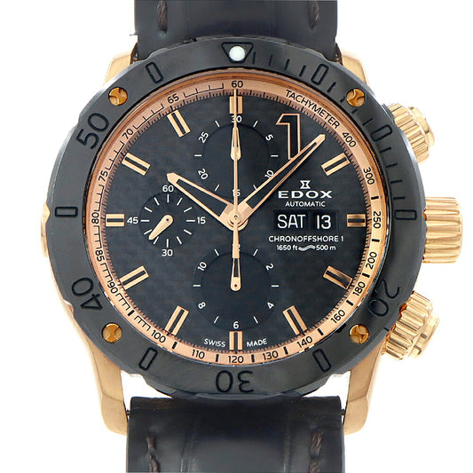 EDOX エドックス クロノオフショア1 クロノグラフ 01122 デイデイト 500m防水 スモールセコンド タキメーター 黒 ブラック カーボン SS ステンレス ゴールドPVD CE セラミック 純正尾錠 メンズ 自動巻き【6ヶ月保証】【腕時計】【中古】