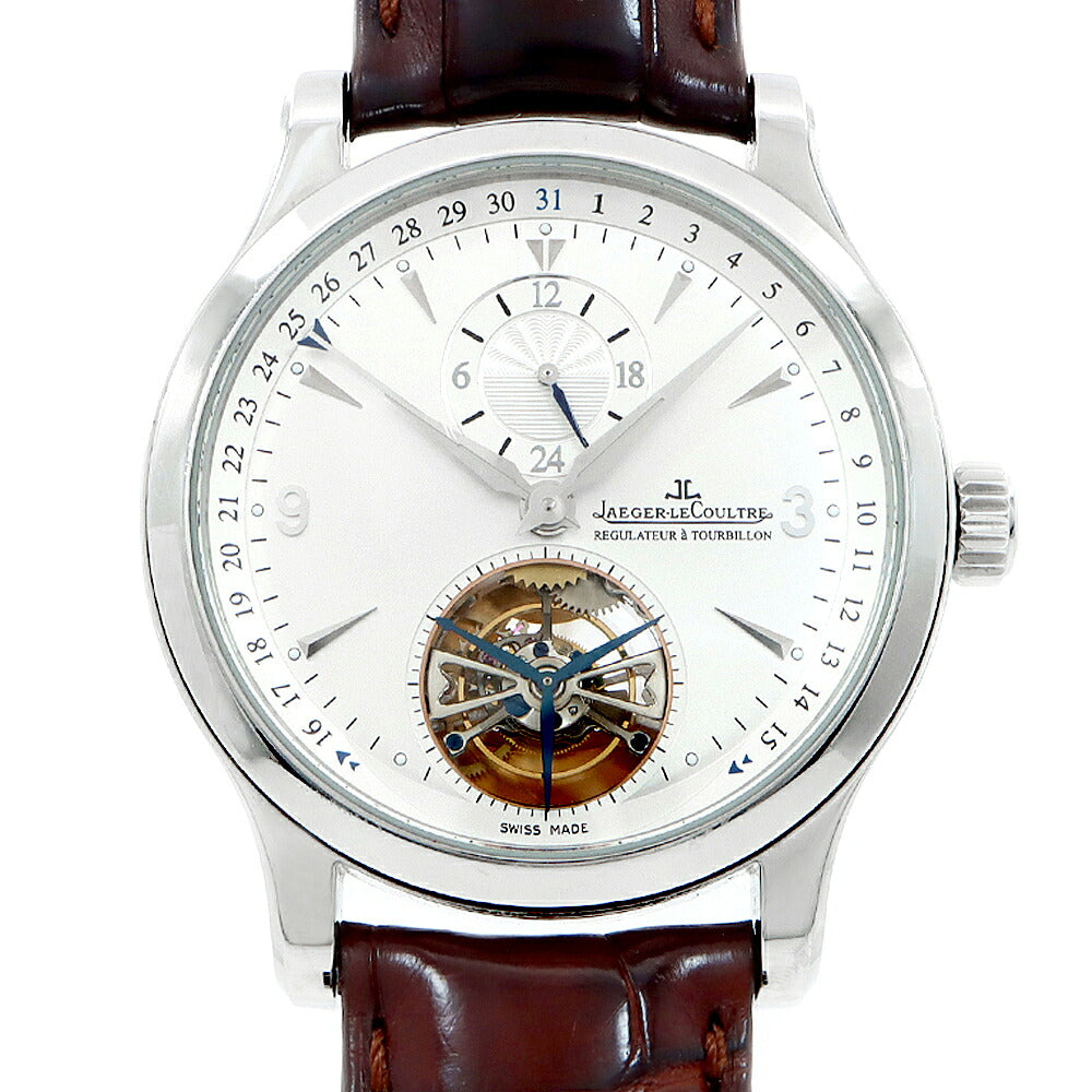 JAEGER-LECOULTRE ジャガールクルト マスター トゥールビヨン Q1658420 2タイム デイト 裏スケ 50m防水 シルバー SS ステンレス 純正ベルト 純正尾錠 メンズ 自動巻き【6ヶ月保証】【腕時計】【中古】