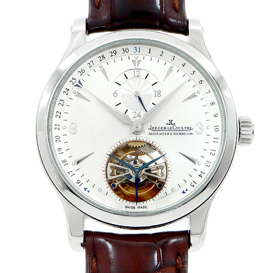 JAEGER-LECOULTRE ジャガールクルト マスター トゥールビヨン Q1658420 2タイム デイト 裏スケ 50m防水 シルバー SS ステンレス 純正ベルト 純正尾錠 メンズ 自動巻き【6ヶ月保証】【腕時計】【中古】