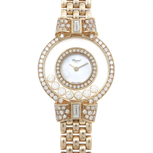 電池交換済 Chopard ショパール ハッピーダイヤモンド リボン 2重ダイヤベゼル 4097/1 純正ダイヤモンド 7Pムービングダイヤ 白 ホワイトシェル K18YG イエローゴールド 金無垢 レディース クォーツ【6ヶ月保証】【腕時計】【中古】