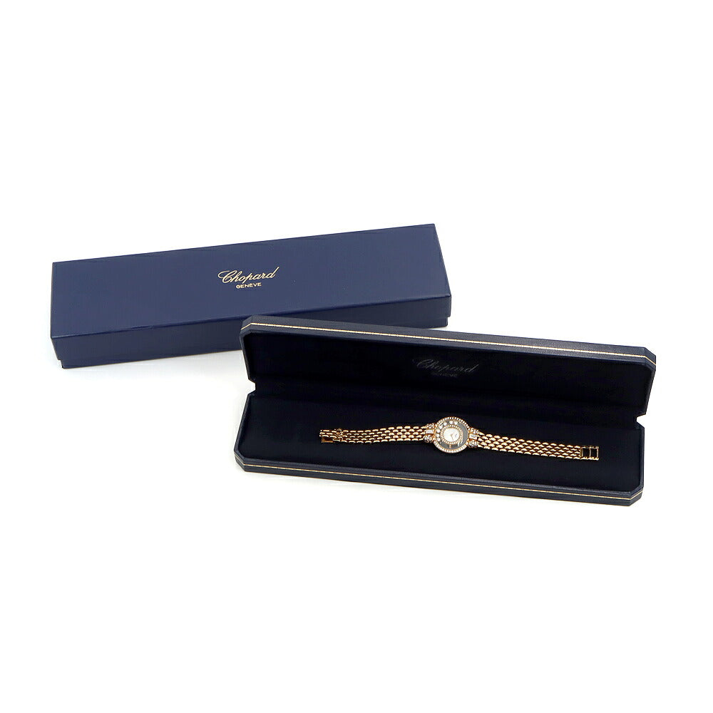 電池交換済 Chopard ショパール ハッピーダイヤモンド リボン 2重ダイヤベゼル 4097/1 純正ダイヤモンド 7Pムービングダイヤ 白 ホワイトシェル K18YG イエローゴールド 金無垢 レディース クォーツ【6ヶ月保証】【腕時計】【中古】