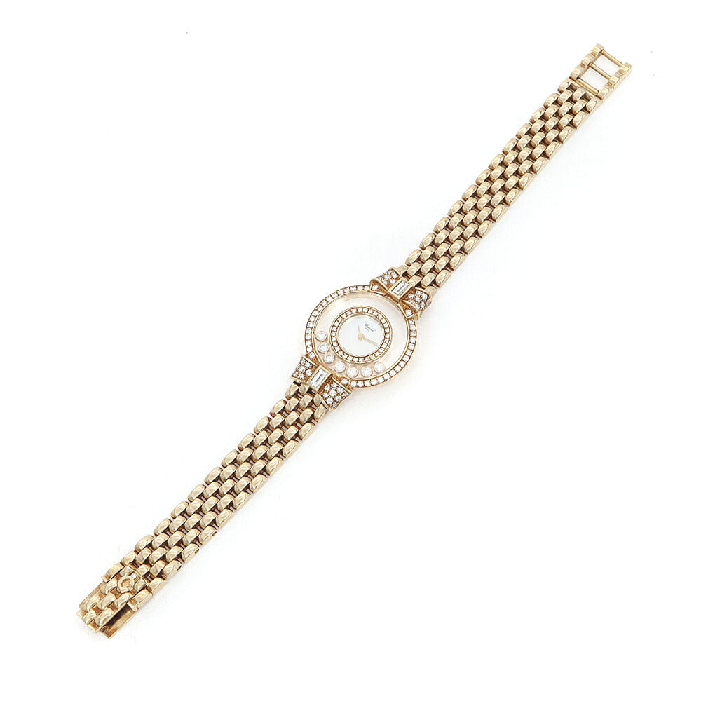 電池交換済 Chopard ショパール ハッピーダイヤモンド リボン 2重ダイヤベゼル 4097/1 純正ダイヤモンド 7Pムービングダイヤ 白 ホワイトシェル K18YG イエローゴールド 金無垢 レディース クォーツ【6ヶ月保証】【腕時計】【中古】