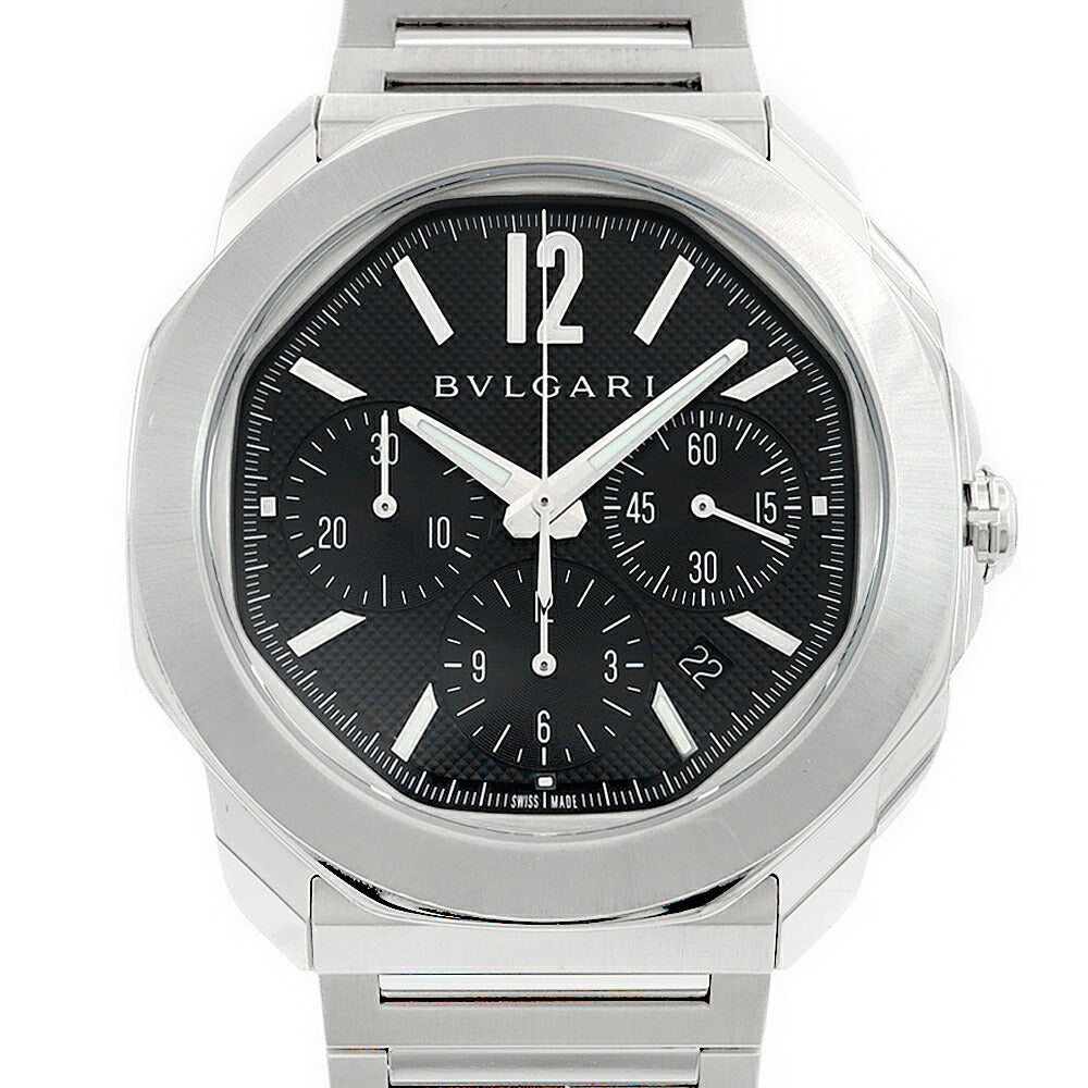 内部点検済 BVLGARI ブルガリ オクト ローマ クロノグラフ OC42SCH デイト 100m防水 スモールセコンド 裏スケ 黒 ブラック SS ステンレス メンズ 自動巻き【6ヶ月保証】【腕時計】【中古】