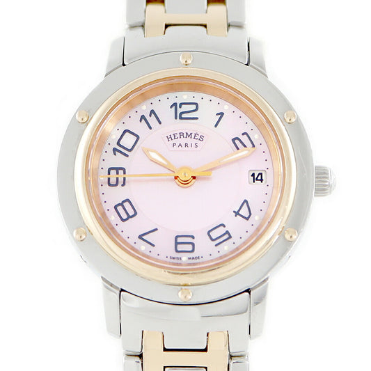 Battery replacement HERMES Hermes Clipper CP1.221 Pink shell date PG Pink Gold SS Stainless Combination Ladies Quartz [6 months warranty] [Watch] [Used]