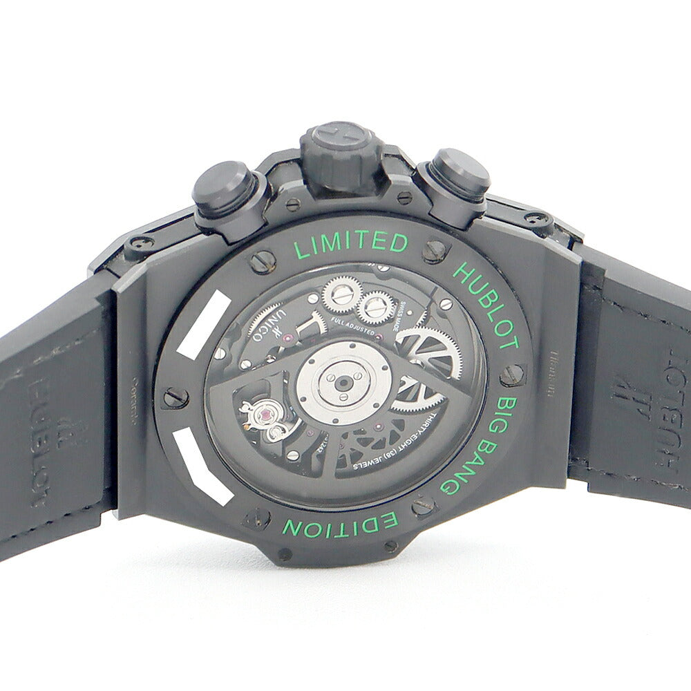 HUBLOT ウブロ ウニコ オールブラック グリーン クロノグラフ 411.CI.1190.LR.ABG14 ブティック限定100本 黒 ブラック スケルトン TI チタン CE セラミック 純正ベルト 純正尾錠 メンズ 自動巻き【6ヶ月保証】【腕時計】【中古】