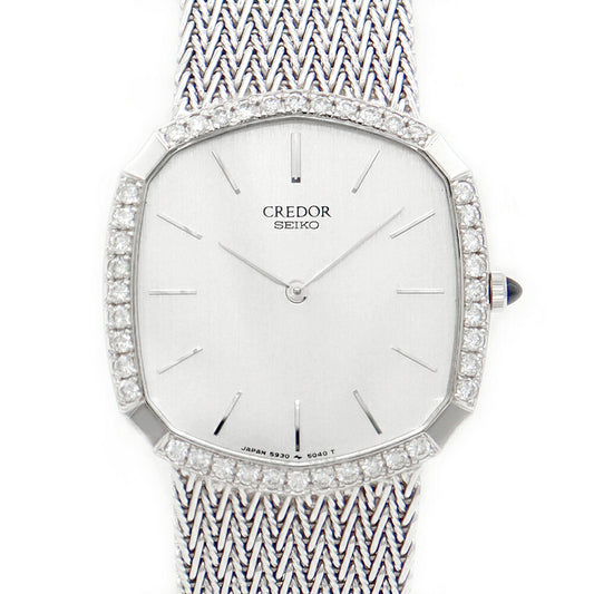 電池交換済 SEIKO セイコー CREDOR クレドール 5930-5590 純正ダイヤモンド ダイヤベゼル シルバー K18WG ホワイトゴールド 金無垢 メンズ ボーイズ クォーツ【6ヶ月保証】【腕時計】【中古】