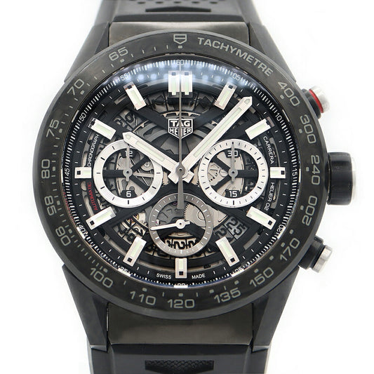 Inspector Tag Heuer Tag Heuer Tag Hey Carrella Caliver Caliver Iriver 02 Chronograph CBG2A91 FT6173 Date 100m Waterproof Black Skeleton Titan Carbon Men Automatic Wind [6 months warranty] [Watch] [Used]