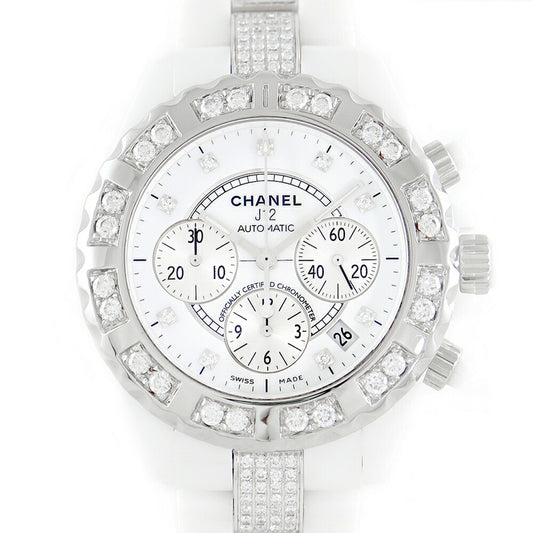 内部点検済 CHANEL シャネル J12 41mm H2009 クロノグラフ デイト 純正ダイヤモンド 9Pダイヤ アフターダイヤ ダイヤベゼル ダイヤブレス 白 ホワイト SS ステンレス セラミック メンズ 自動巻き【6ヶ月保証】【腕時計】【中古】