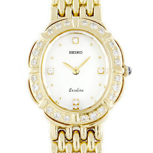 Battery replacement Seiko Seiko EXELEN 5A50-5190 Cut glass genuine diamond diamond bezel 4P diamond white white shell YG yellow gold ladies quartz [6 months warranty] [Watch] [used]