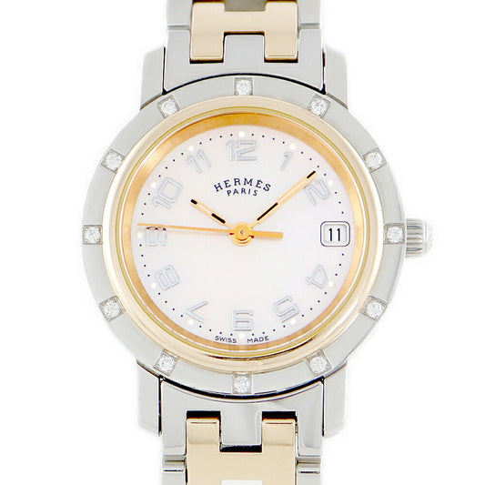 Battery replacement Hermes Hermes Hermes Clipper Nakure CL4.222 12P Diamond Pink Shell Date PG Pink Gold SS Stainless Combination Ladies Quartz [6 months warranty] [Watch] [Used]