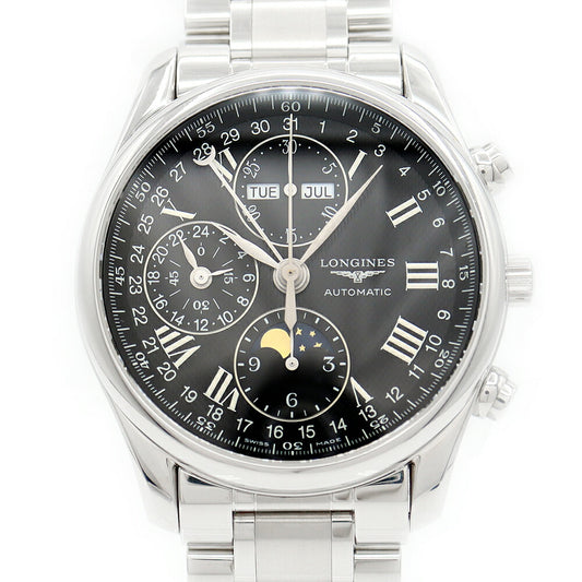 Inspection of internal point inspection Longines Longin Master Collection Chronograph L2.673.4.51.6 Triple Calendar Moon Phase Back Black Black Black SS Stainless Men's Automatic Wind [6 months warranty] [Watch] [Used]