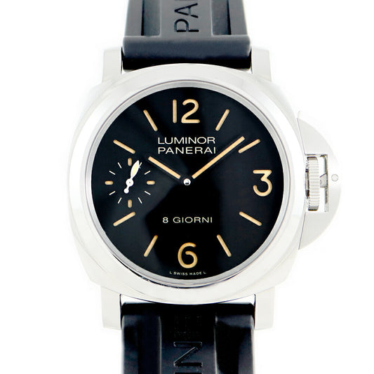 Inspector Panerai Panerai Panerai Luminor Luminol Base 8DAYS 8 Days PAM00915 W Four Small Second Black Black SS Stainless Steel Genuine Belt Genuine Buckwheat Men's Handwrite [6 months Guarantee] [Watch] [Used]