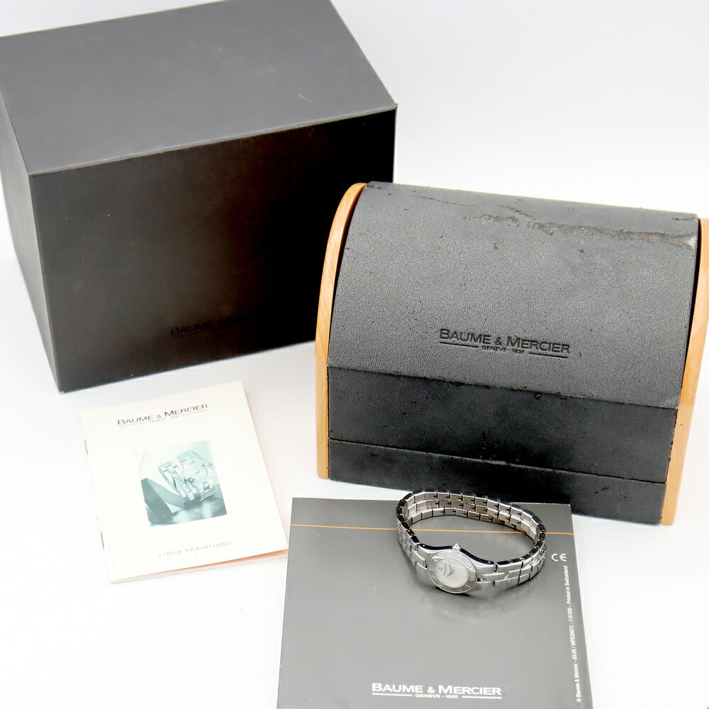 電池交換済 BAUME＆MERCIER ボーム&メルシェ リネア 65305 白 ホワイト SS ステンレス レディース クォーツ【6ヶ月保証】【腕時計】【中古】