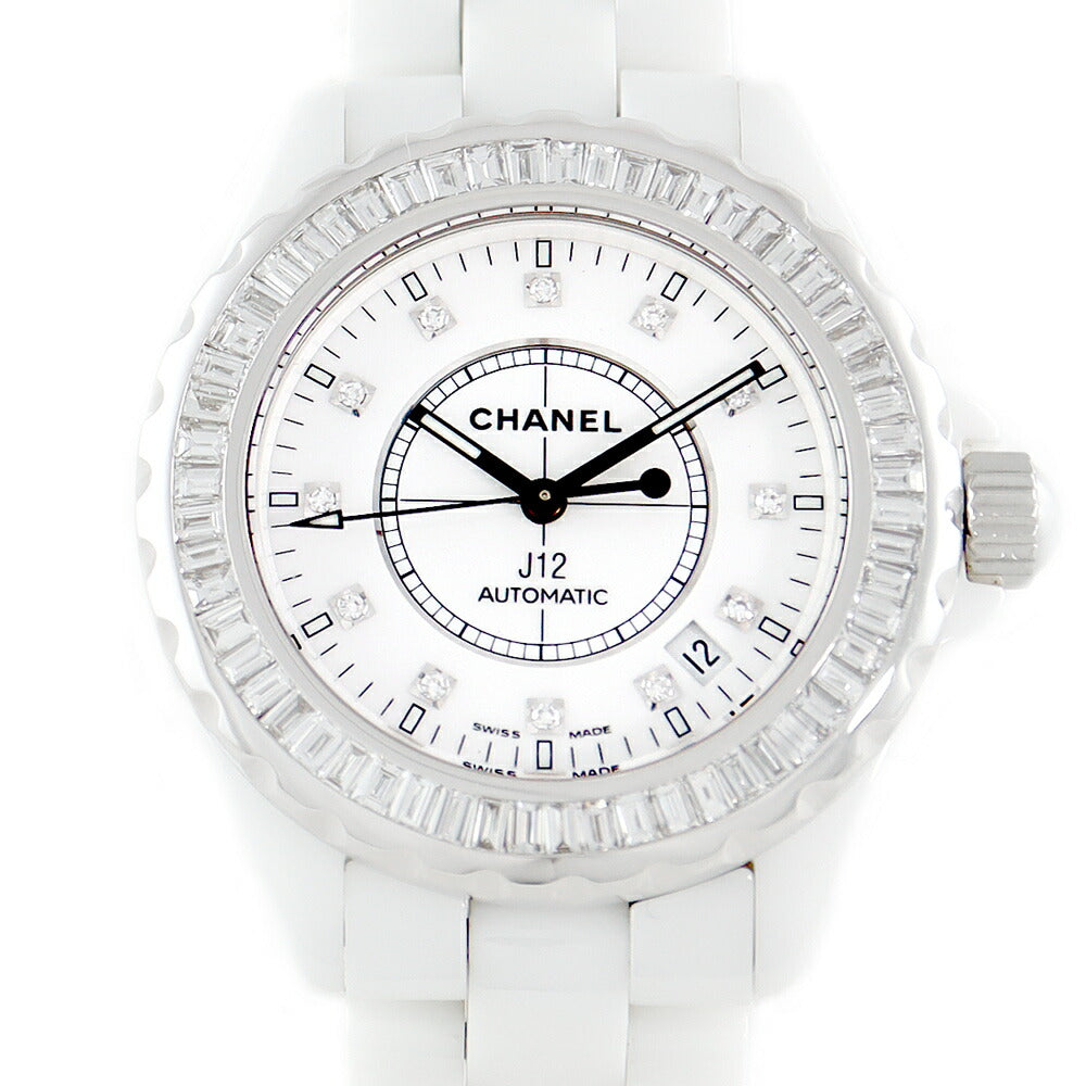 CHANEL シャネル J12 38mm 純正12Pダイヤ H1629 デイト 純正ダイヤモンド バケットダイヤベゼル 白 ホワイト セラミック SS ステンレス アフターダイヤ メンズ 自動巻き【6ヶ月保証】【腕時計】【中古】