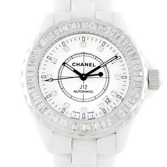 CHANEL シャネル J12 38mm 純正12Pダイヤ H1629 デイト 純正ダイヤモンド バケットダイヤベゼル 白 ホワイト セラミック SS ステンレス アフターダイヤ メンズ 自動巻き【6ヶ月保証】【腕時計】【中古】