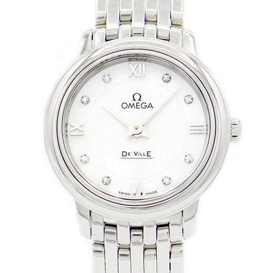電池交換済 OMEGA オメガ DeVille デビル プレステージ 424.10.24.60.55 純正ダイヤモンド 8Pダイヤ 白 ホワイトシェル  SS ステンレス レディース クォーツ デヴィル【6ヶ月保証】【腕時計】【中古】