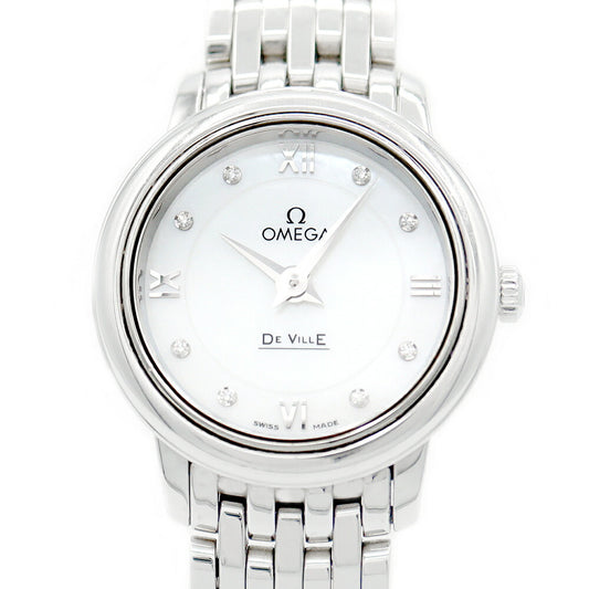 電池交換済 OMEGA オメガ DeVille デビル プレステージ 424.10.24.60.55.001 純正ダイヤモンド 8Pダイヤ 白 ホワイトシェル  SS ステンレス レディース クォーツ【6ヶ月保証】【腕時計】【中古】