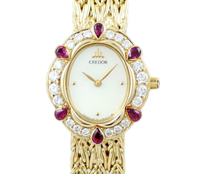 Battery replacement SEIKO Seiko Credor Credor 2F70-5470 Genuine Diamond Bezel Ruby White Shell Dial K18YG Yellow Gold Solid Ladies Quartz [6 Month Warranty] [Watch] [Used]