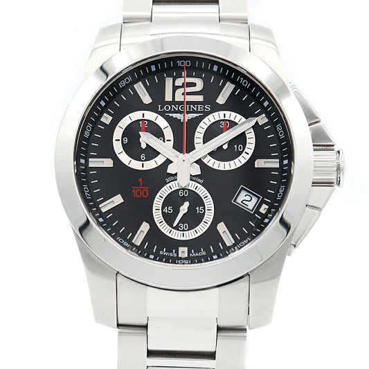 電池交換済 LONGINES ロンジン コンクエスト クロノグラフ L3.700.4  デイト 黒 ブラック SS ステンレス メンズ クォーツ 【6ヶ月保証】【腕時計】【中古】