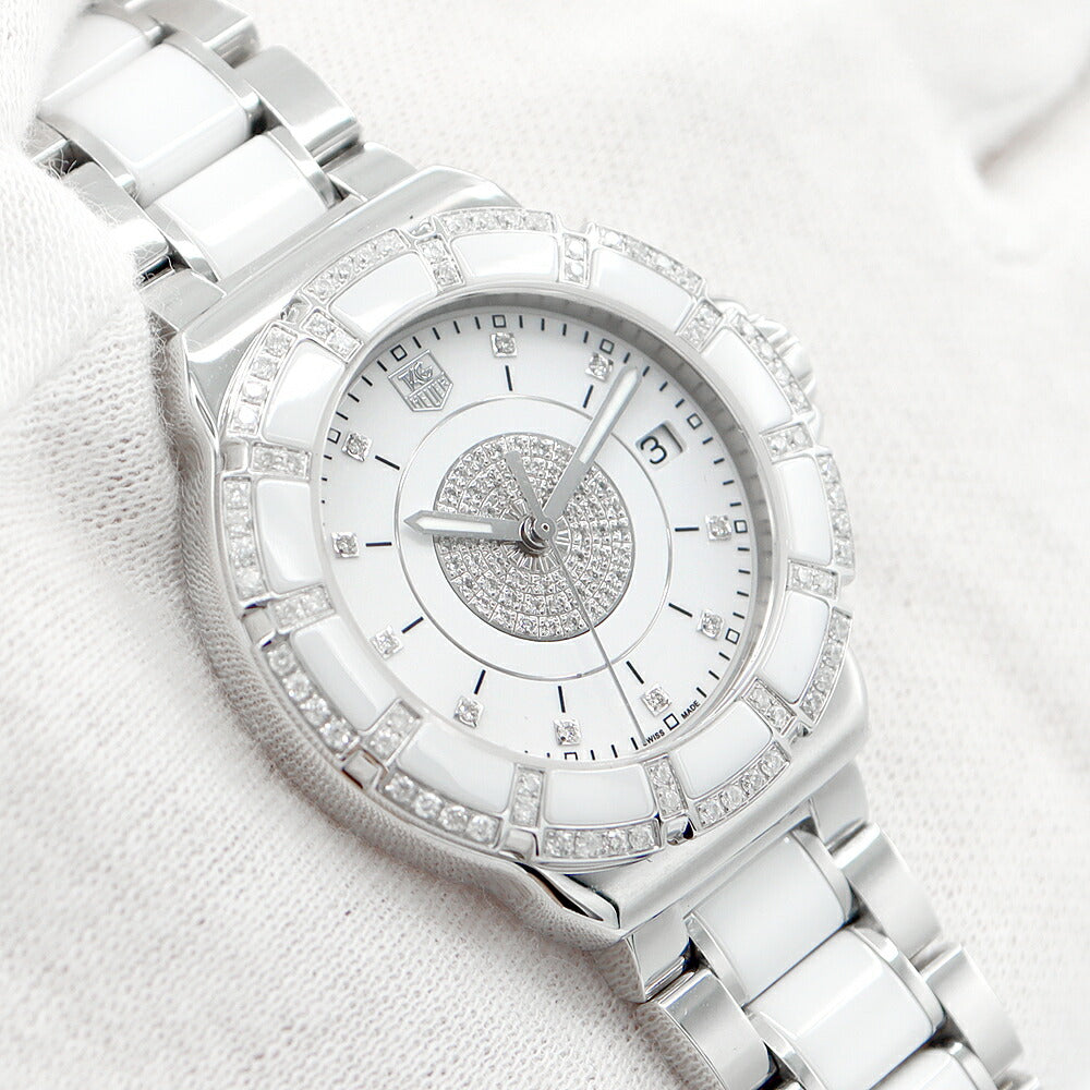 電池交換済 TAG Heuer タグホイヤー フォーミュラ1 WAH121D BA0861 純正ダイヤモンド ダイヤベゼル 10Pダイヤ デイト 白 ホワイト セラミック SS ステンレス レディース クォーツ フォーミュラワン【6ヶ月保証】【腕時計】【中古】