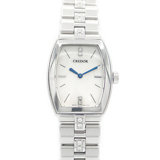 電池交換済 SEIKO セイコー CREDOR クレドール アクア 5A70-0AF0 純正ダイヤモンド シルバー ギョーシェ SS ステンレス レディース クォーツ【6ヶ月保証】【腕時計】【中古】