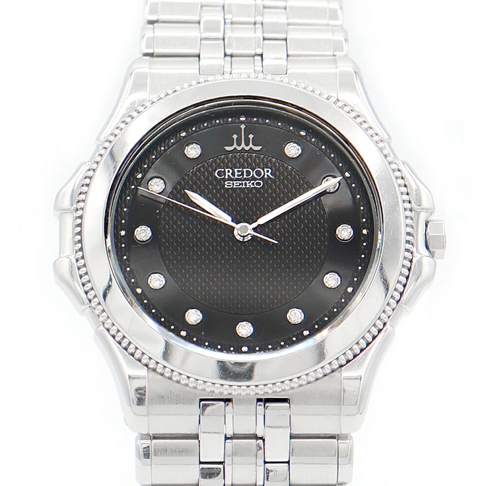 電池交換済 SEIKO セイコー CREDOR クレドール 8J81-6B10 K18WGベゼル 純正ダイヤモンド 11Pダイヤ 黒 ブラック SS ステンレス ホワイトゴールド ボーイズ メンズ クォーツ【6ヶ月保証】【腕時計】【中古】