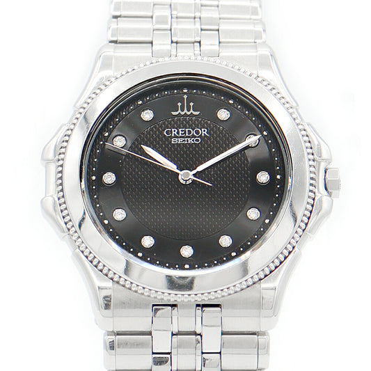 電池交換済 SEIKO セイコー CREDOR クレドール 8J81-6B10 K18WGベゼル 純正ダイヤモンド 11Pダイヤ 黒 ブラック SS ステンレス ホワイトゴールド ボーイズ メンズ クォーツ【6ヶ月保証】【腕時計】【中古】