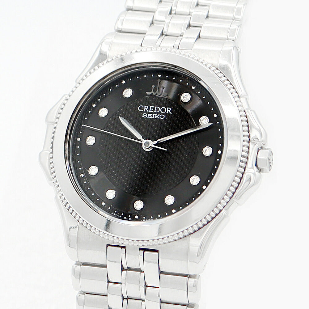 電池交換済 SEIKO セイコー CREDOR クレドール 8J81-6B10 K18WGベゼル 純正ダイヤモンド 11Pダイヤ 黒 ブラック SS ステンレス ホワイトゴールド ボーイズ メンズ クォーツ【6ヶ月保証】【腕時計】【中古】