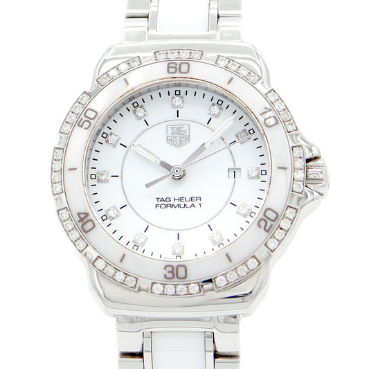 電池交換済 TAG Heuer タグホイヤー フォーミュラ1 WAH1313 BA0868 純正ダイヤモンド ダイヤベゼル 12Pダイヤモンド デイト 白 ホワイト セラミック SS ステンレス レディース クォーツ フォーミュラー1【6ヶ月保証】【腕時計】【中古】