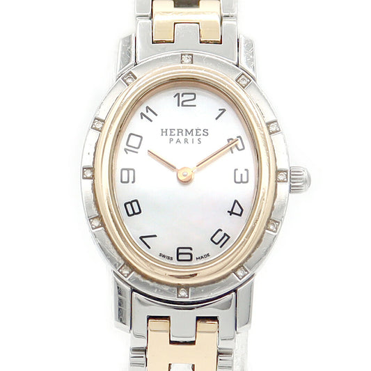 電池交換済 HERMES エルメス クリッパー オーバル CO1.222 純正ダイヤモンド ダイヤベゼル 白 ホワイト シェル SS ステンレス ピンクゴールド PGP コンビ レディース クォーツ【6ヶ月保証】【腕時計】【中古】