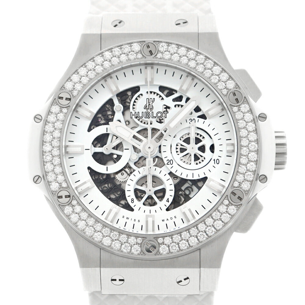 HUBLOT ウブロ ビッグバン アエロバン 日本限定 オールホワイト ダイヤモンド 311.SE.2010.RW.1104.JSM12 純正ダイヤベゼル クロノグラフ デイト 白 ホワイト スケルトン SS ステンレス 純正ベルト 純正尾錠 メンズ 自動巻き ビックバン【6ヶ月保証】【腕時計】【中古】