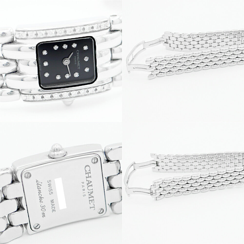 電池交換済 CHAUMET ショーメ ケイシス 純正ダイヤモンド ダイヤベゼル 12Pダイヤ 黒 ブラック SS ステンレス バングルウォッチ レディース クォーツ【6ヶ月保証】【腕時計】【中古】