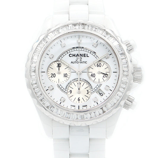 CHANEL シャネル J12 41mm クロノグラフ H2009 デイト 純正9Pダイヤ バケットダイヤベゼル 白 ホワイト セラミック SS ステンレス アフターダイヤモンド メンズ 自動巻き【6ヶ月保証】【腕時計】【中古】