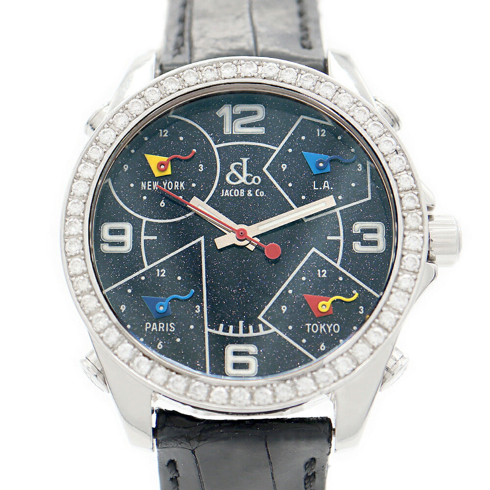 電池交換済 JACOB&Co. ジェイコブ ファイブタイムゾーン 40mm ダイヤモンドベゼル 黒 ブラックラメ SS ステンレス 純正ベルト ダイヤ尾錠 レディース ボーイズ メンズ 男女兼用 クォーツ 5タイム【6ヶ月保証】【腕時計】【中古】