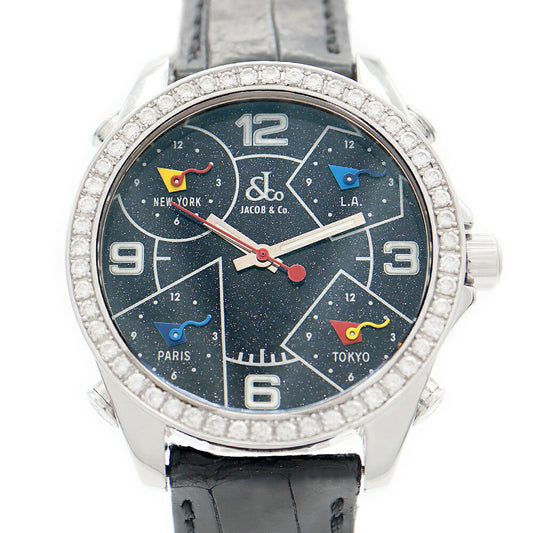 電池交換済 JACOB&Co. ジェイコブ ファイブタイムゾーン 40mm ダイヤモンドベゼル 黒 ブラックラメ SS ステンレス 純正ベルト ダイヤ尾錠 レディース ボーイズ メンズ 男女兼用 クォーツ 5タイム【6ヶ月保証】【腕時計】【中古】