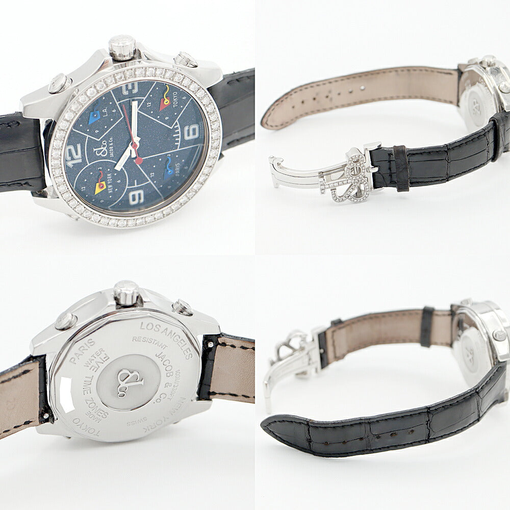 電池交換済 JACOB&Co. ジェイコブ ファイブタイムゾーン 40mm ダイヤモンドベゼル 黒 ブラックラメ SS ステンレス 純正ベルト ダイヤ尾錠 レディース ボーイズ メンズ 男女兼用 クォーツ 5タイム【6ヶ月保証】【腕時計】【中古】