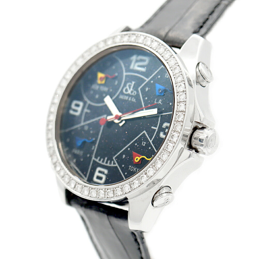 電池交換済 JACOB&Co. ジェイコブ ファイブタイムゾーン 40mm ダイヤモンドベゼル 黒 ブラックラメ SS ステンレス 純正ベルト ダイヤ尾錠 レディース ボーイズ メンズ 男女兼用 クォーツ 5タイム【6ヶ月保証】【腕時計】【中古】