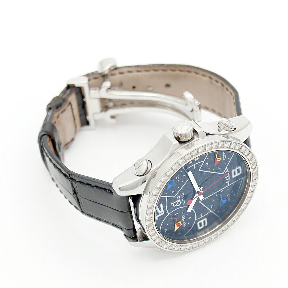 電池交換済 JACOB&Co. ジェイコブ ファイブタイムゾーン 40mm ダイヤモンドベゼル 黒 ブラックラメ SS ステンレス 純正ベルト ダイヤ尾錠 レディース ボーイズ メンズ 男女兼用 クォーツ 5タイム【6ヶ月保証】【腕時計】【中古】