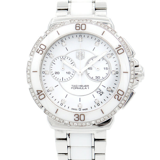 電池交換済 TAG Heuer タグホイヤー フォーミュラ1 CAH1213 デイト 純正ダイヤモンド ダイヤベゼル 12Pダイヤ 白 ホワイト セラミック SS ステンレス メンズ クォーツ フォーミュラワン【6ヶ月保証】【腕時計】【中古】