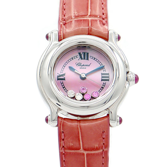 電池交換済 Chopard ショパール ハッピースポーツ 27/8245-42 純正ダイヤモンド ムービングダイヤ ピンク シェル SS ステンレス 純正尾錠 レディース クォーツ【6ヶ月保証】【腕時計】【中古】